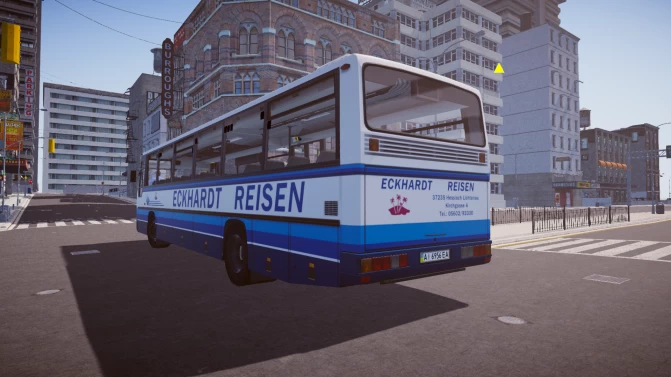 Rear three-quarter view of MAN UEL bus with Eckhardt Reisen skin in Proton Bus Simulator urban environment.